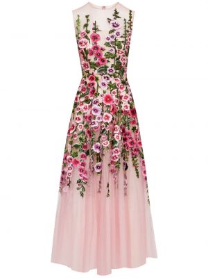 Tylové květinové koktejlové šaty s výšivkou Oscar De La Renta růžové