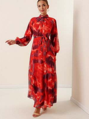 Плисирана макси рокля от шифон с tie-dye ефект By Saygı червено