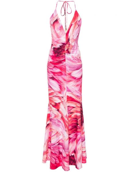 Koktejlové šaty z peří s potiskem Roberto Cavalli růžové