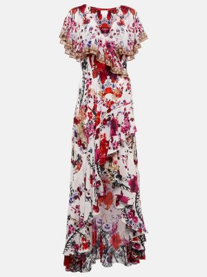 Jedwabne sukienka midi w kwiatki z falbankami Camilla