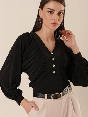 Bluzka na guziki z dekoltem w serek By Saygı czarna
