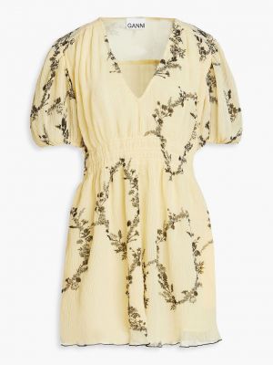 Плиссированное платье мини в цветочек с принтом Ganni желтое