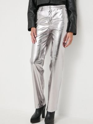 Jednobarevné kalhoty s vysokým pasem Guess stříbrné
