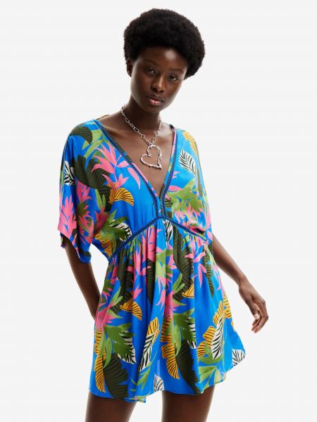 Obleka s cvetličnim vzorcem s tropskim vzorcem Desigual modra