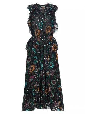 Шелковое платье миди в цветочек с принтом Ulla Johnson черное