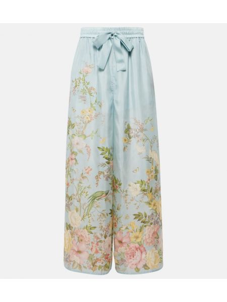 Pantaloni palazzo de mătase cu model floral Zimmermann albastru