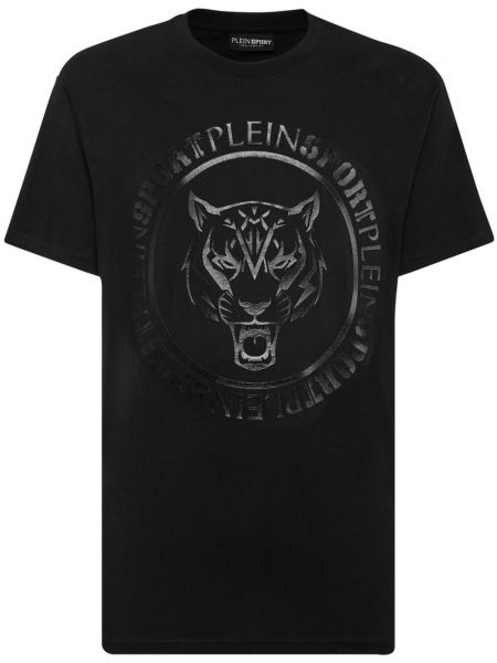 Kokvilnas sporta t-krekls ar apdruku ar tīģera rakstu Plein Sport melns