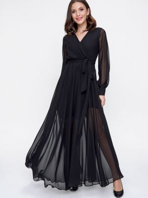 Šifonové dlouhé šaty s dlouhými rukávy By Saygı černé