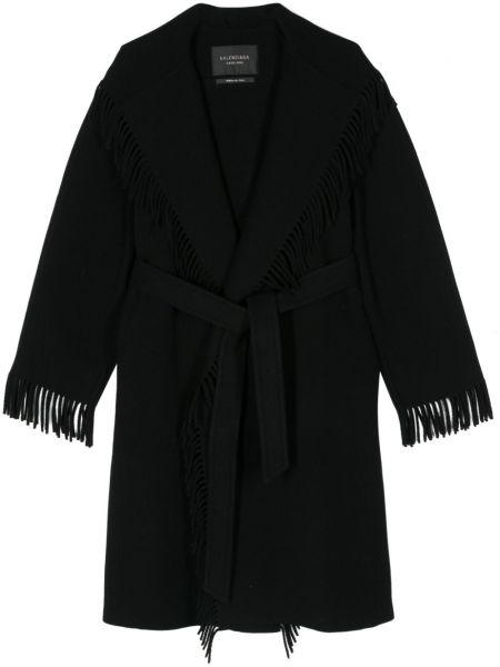 Płaszcz z frędzli wełniany Balenciaga czarny