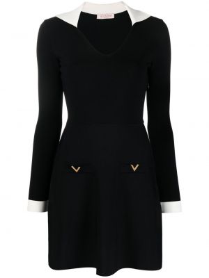 Viskózové pletené šaty s výstřihem do v s dlouhými rukávy Valentino - černá