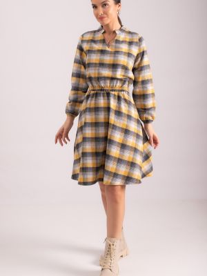 Καρό φόρεμα με λαιμόκοψη v Armonika κίτρινο