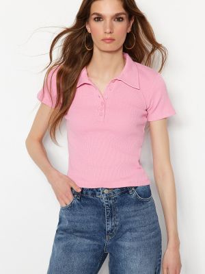 Polo majica iz rebrastega žameta Trendyol roza