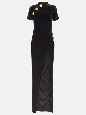 Žametna dolga obleka iz rebrastega žameta Balmain črna