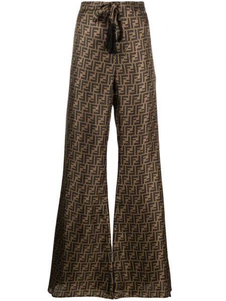 Jedwabne spodnie z nadrukiem Fendi brązowe