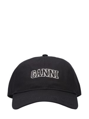 Haftowana czapka z daszkiem bawełniana Ganni czarna