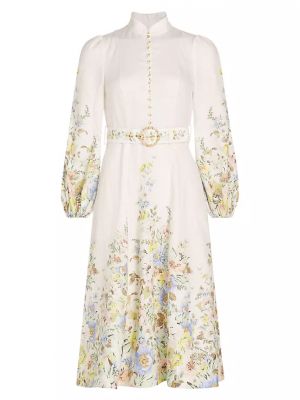 Льняное платье миди с поясом и цветочным принтом Matchmaker Zimmermann, cream blue floral
