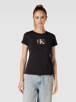 Koszulka slim fit bawełniana z cekinami Calvin Klein Jeans czarna