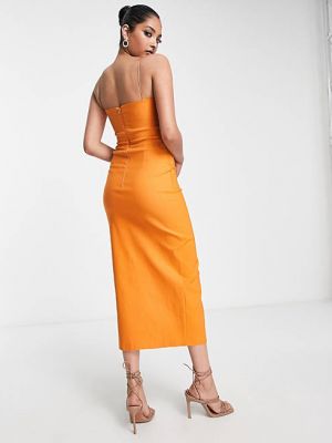 Оранжевое платье средней длины с глубоким вырезом и разрезом на бедрах Vesper