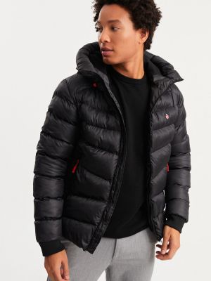 Αδιάβροχο fleece παλτό χειμωνιάτικο με κουκούλα River Club μαύρο