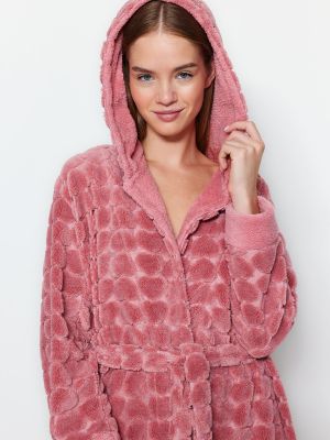 Růžové pletené fleecové šaty se srdcovým vzorem Trendyol
