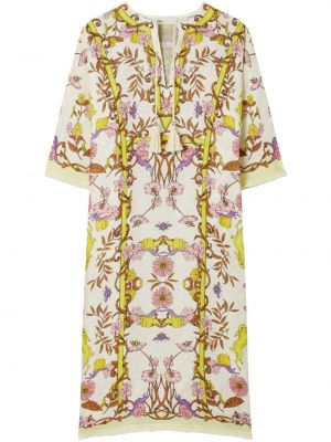 Lanena obleka s cvetličnim vzorcem s potiskom Tory Burch rumena