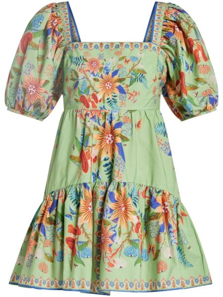 Pamučna mini haljina s cvjetnim printom s printom Farm Rio zelena