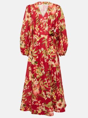 Lniana sukienka długa w kwiatki Zimmermann czerwona
