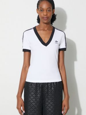 Pruhované tričko s výstřihem do v Adidas Originals bílé