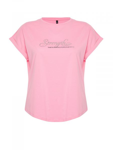 Dzianinowa koszulka z nadrukiem Trendyol różowa