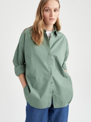 Хлопковая рубашка с длинным рукавом оверсайз Defacto зеленая