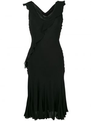 Hedvábné šaty s volány bez rukávů Christian Dior - černá