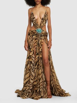 Sukienka długa szyfonowa z nadrukiem w tygrysie prążki Roberto Cavalli