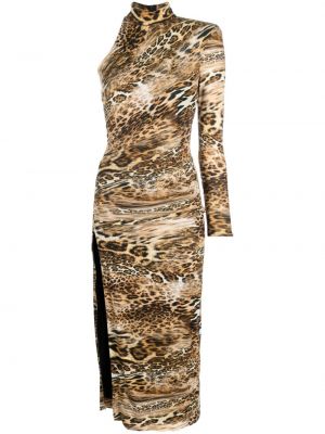 Sukienka midi z nadrukiem w panterkę asymetryczna Nissa brązowa