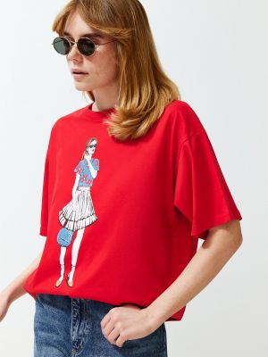 Dzianinowa koszulka z nadrukiem relaxed fit Trendyol czerwona