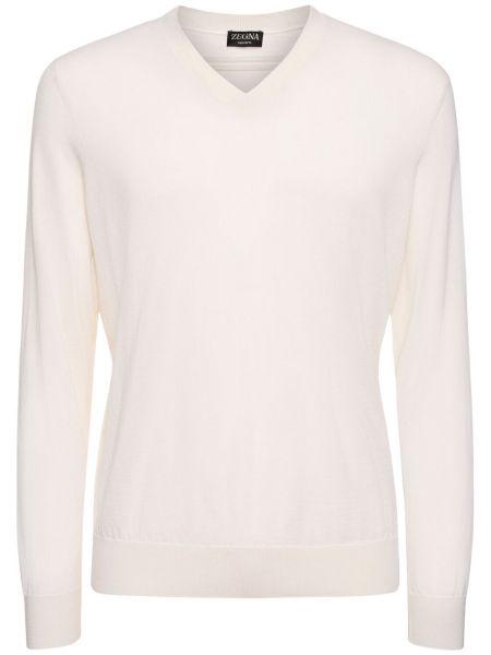 Кашмирен копринен пуловер с v-образно деколте Zegna бяло