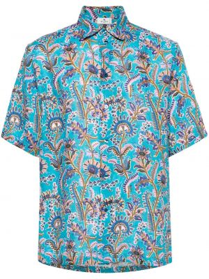 Lanena košulja s cvjetnim printom s printom Etro plava
