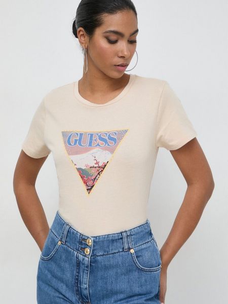 Bavlněné tričko Guess béžové