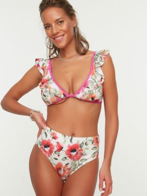 Bikini w kwiatki z falbankami Trendyol różowy