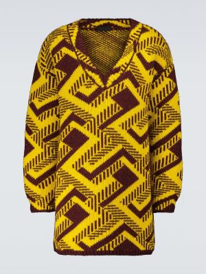 Žakárový vlněný svetr s výstřihem do v Prada žlutý