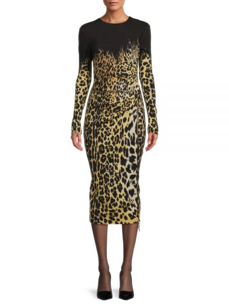 Леопардовое платье миди с принтом Roberto Cavalli черное