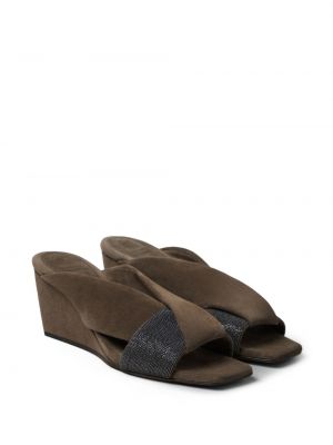 Sandały zamszowe na obcasie na koturnie Brunello Cucinelli brązowe