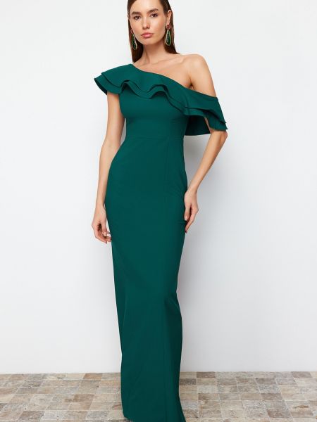 Βραδινό φόρεμα με βολάν από λυγαριά Trendyol πράσινο