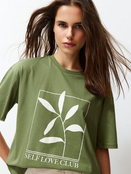 Πλεκτή βαμβακερή μπλούζα με σχέδιο Trendyol χακί