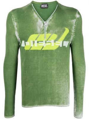 Плетен пуловер с цип Diesel зелено