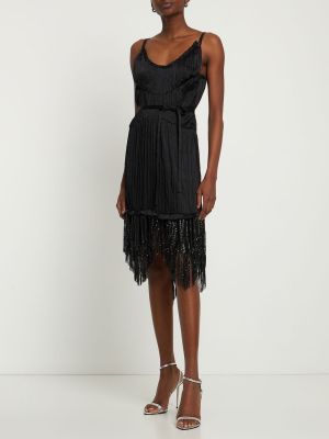 Мрежеста сатенена мини рокля с ресни Paco Rabanne черно