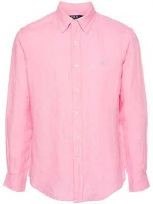 Lininis siuvinėtas polo marškinėliai Polo Ralph Lauren rožinė