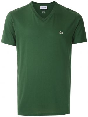 Bavlněné tričko s výšivkou s výstřihem do v Lacoste zelené