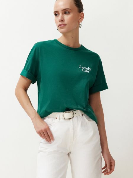 Pletena bombažna majica s potiskom Trendyol zelena