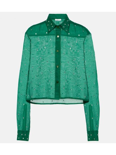 Medvilninė šilkinė ilgi marškiniai su kristalais Oséree žalia