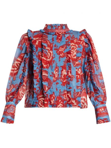 Памучна блуза с принт с дантела Farm Rio синьо